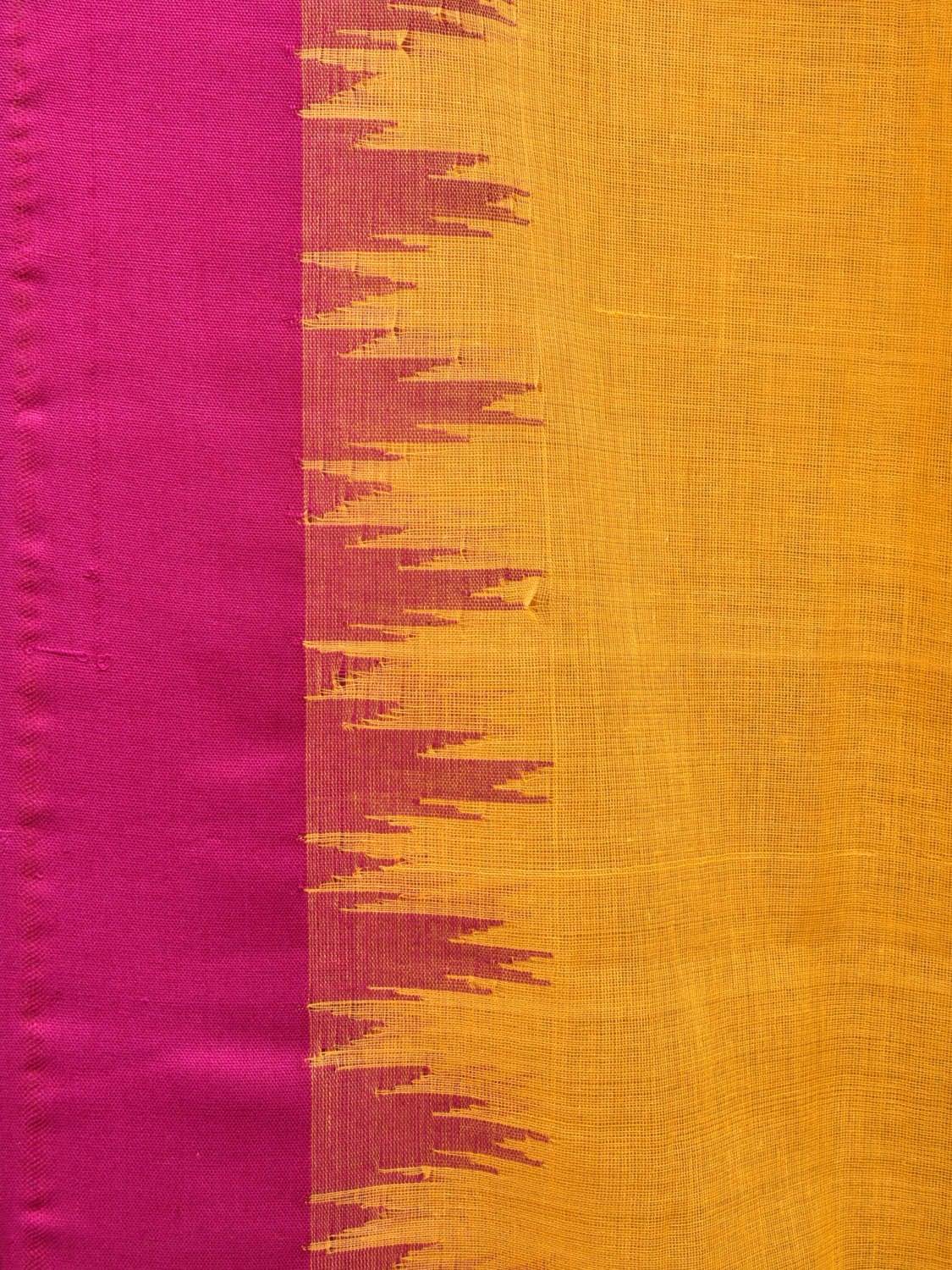 Orange Green Khadi Cotton Handloom Plain Saree with Temple Border Design - Global Threads