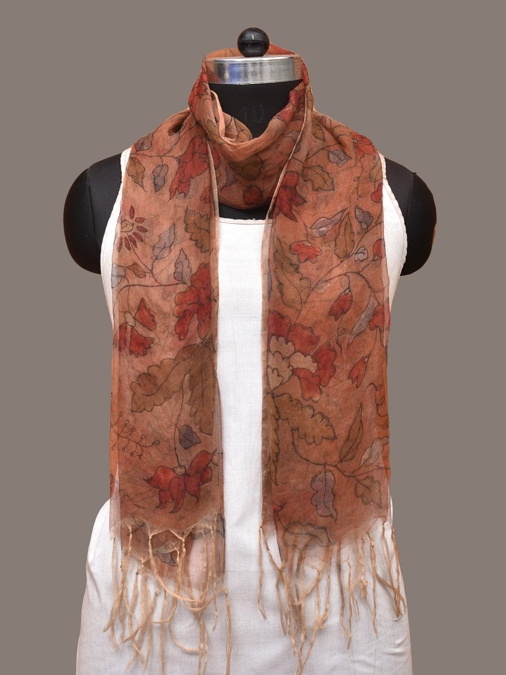 Orange Kalamkari Hand Painted Organza Stole with Floral Design - Global Threads