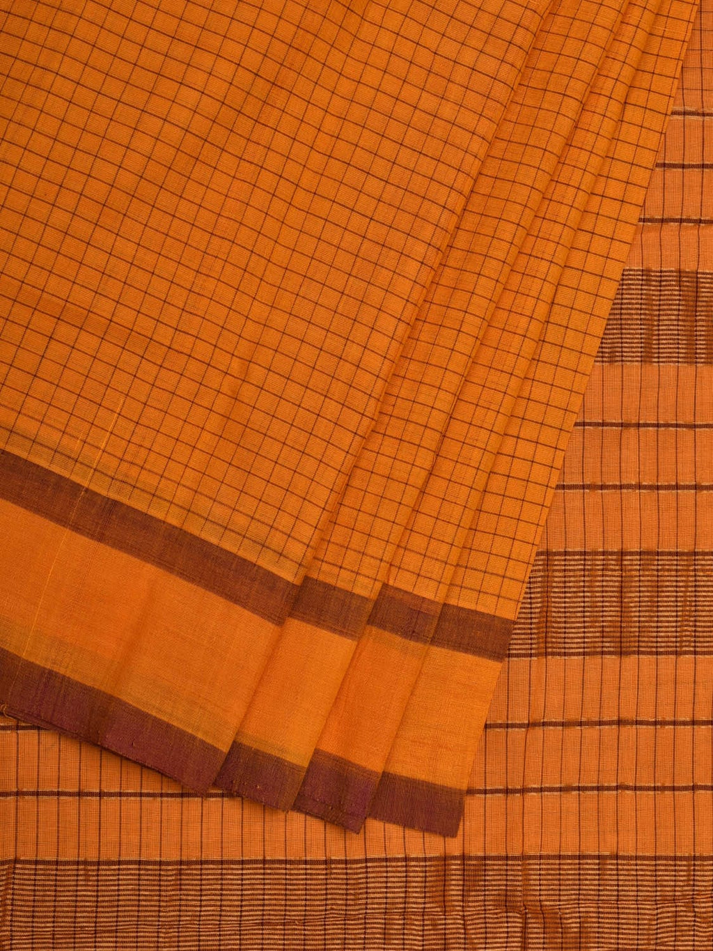 Orange Narayanpet Cotton Handloom Saree with Checks Design - Global Threads