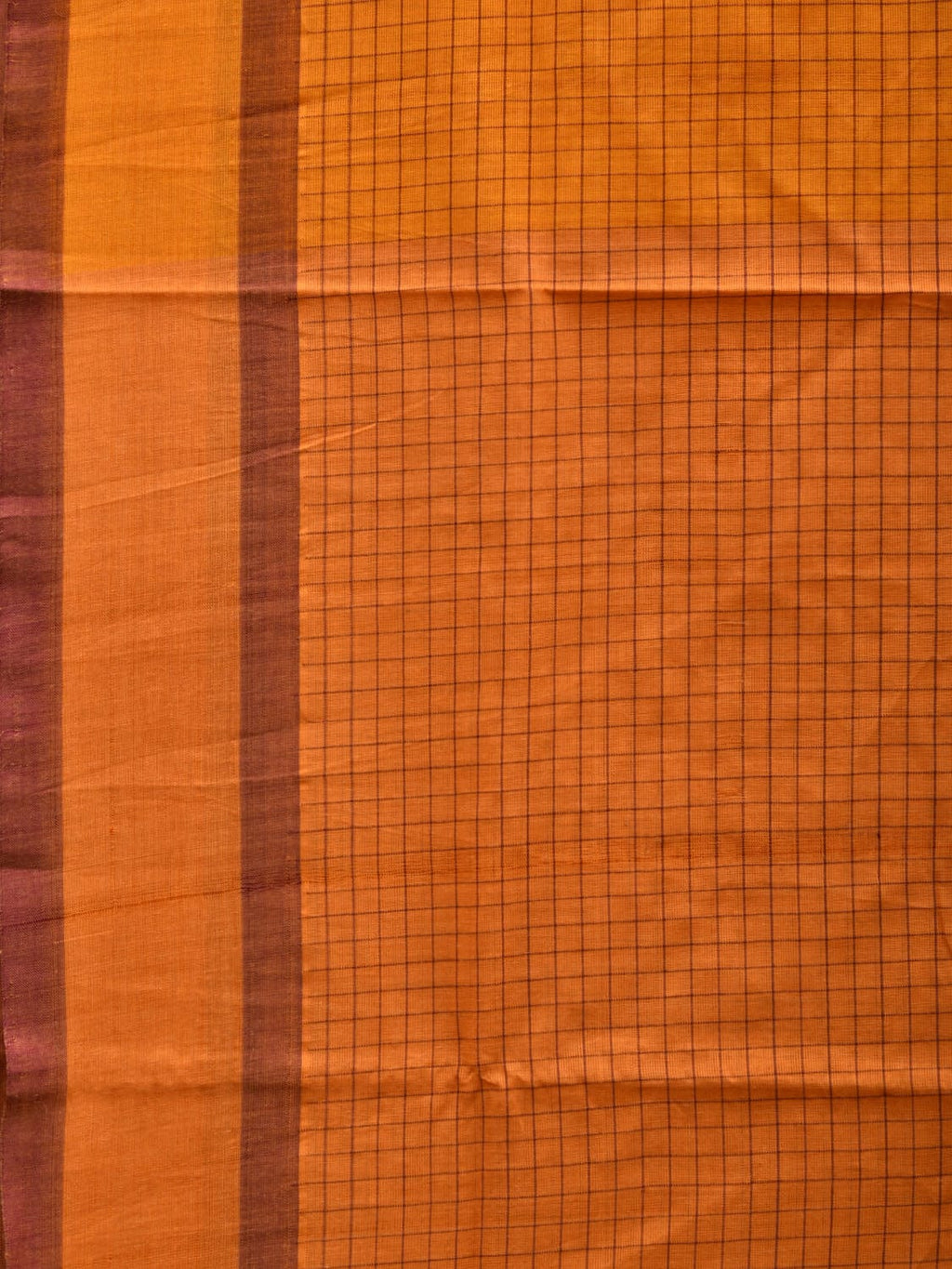 Orange Narayanpet Cotton Handloom Saree with Checks Design - Global Threads