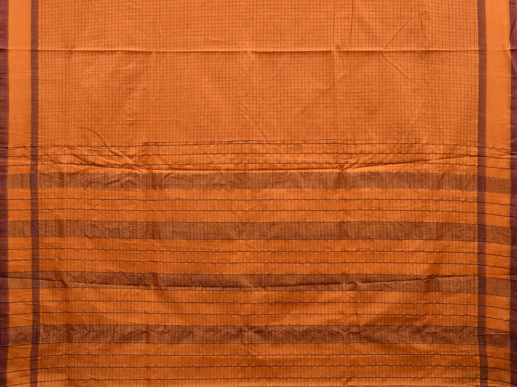 Orange Narayanpet Cotton Handloom Saree with Checks Design - Global Threads