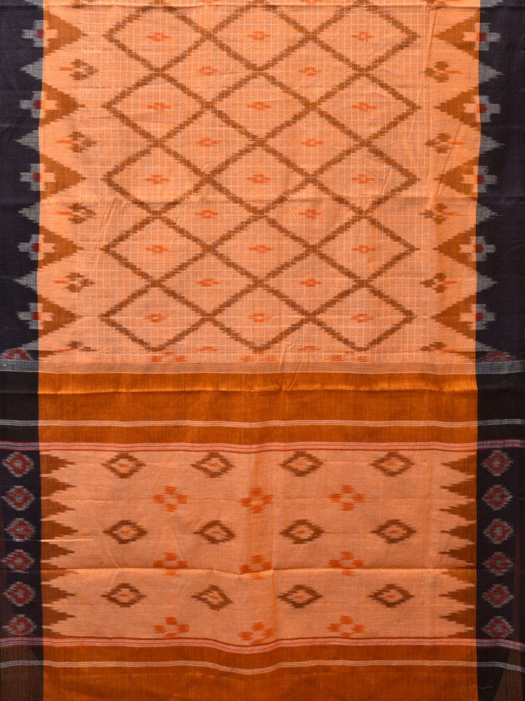 Orange Pochampally Ikat Cotton Handloom Saree with Grill and Big Temple Border Design No Blouse - Global Threads