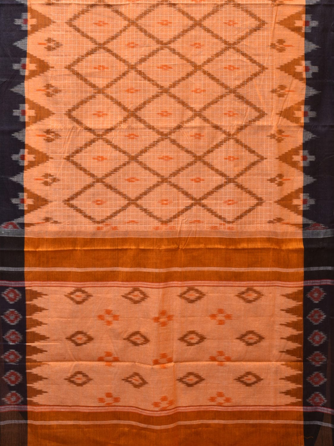 Orange Pochampally Ikat Cotton Handloom Saree with Grill and Big Temple Border Design No Blouse - Global Threads