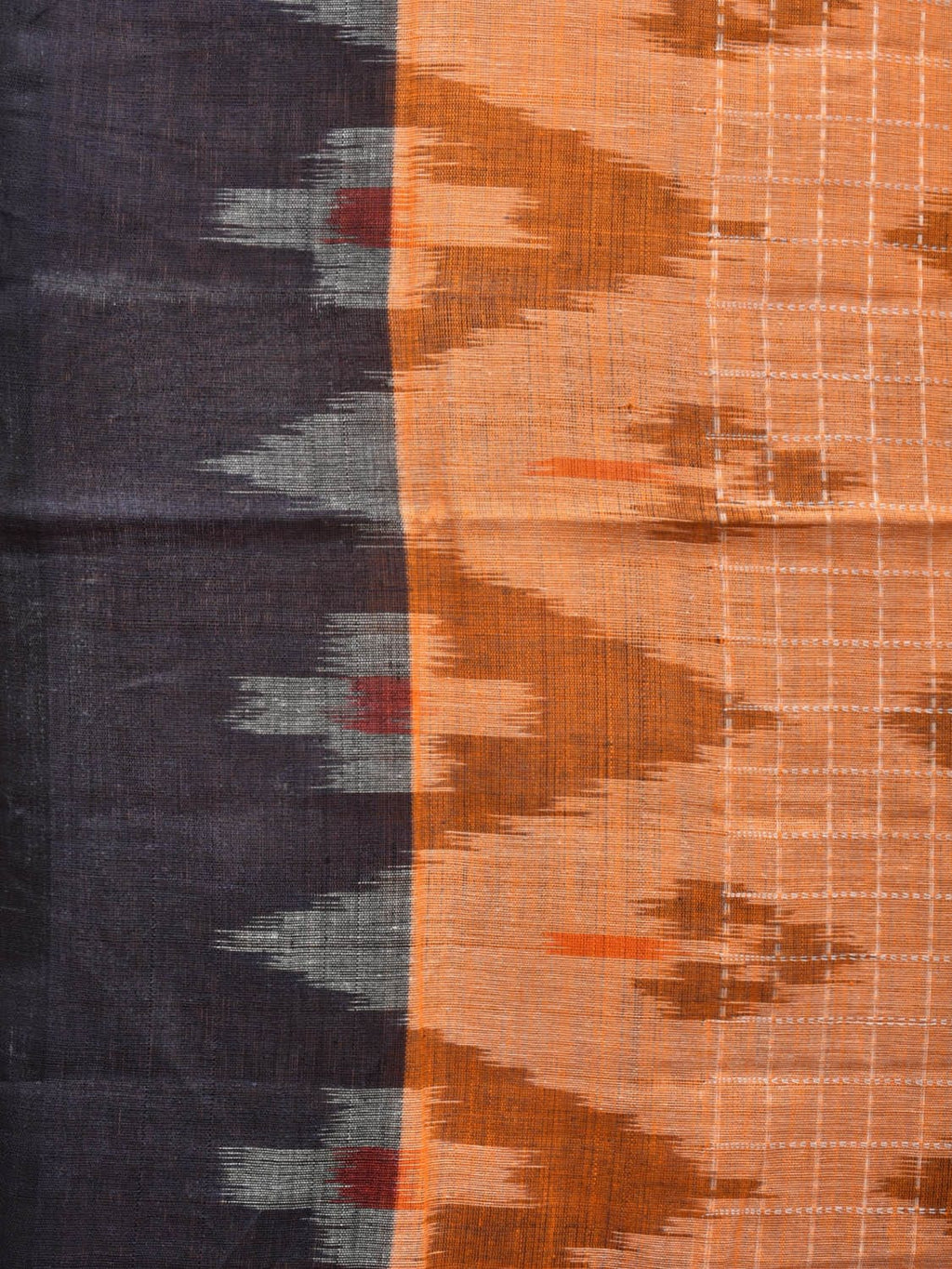 Orange Pochampally Ikat Cotton Handloom Saree with Grill and Big Temple Border Design No Blouse - Global Threads