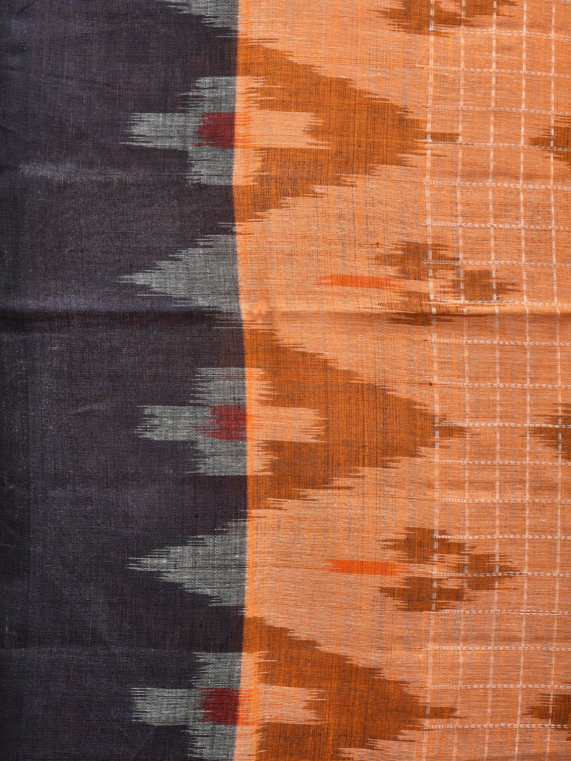 Orange Pochampally Ikat Cotton Handloom Saree with Grill and Big Temple Border Design No Blouse - Global Threads