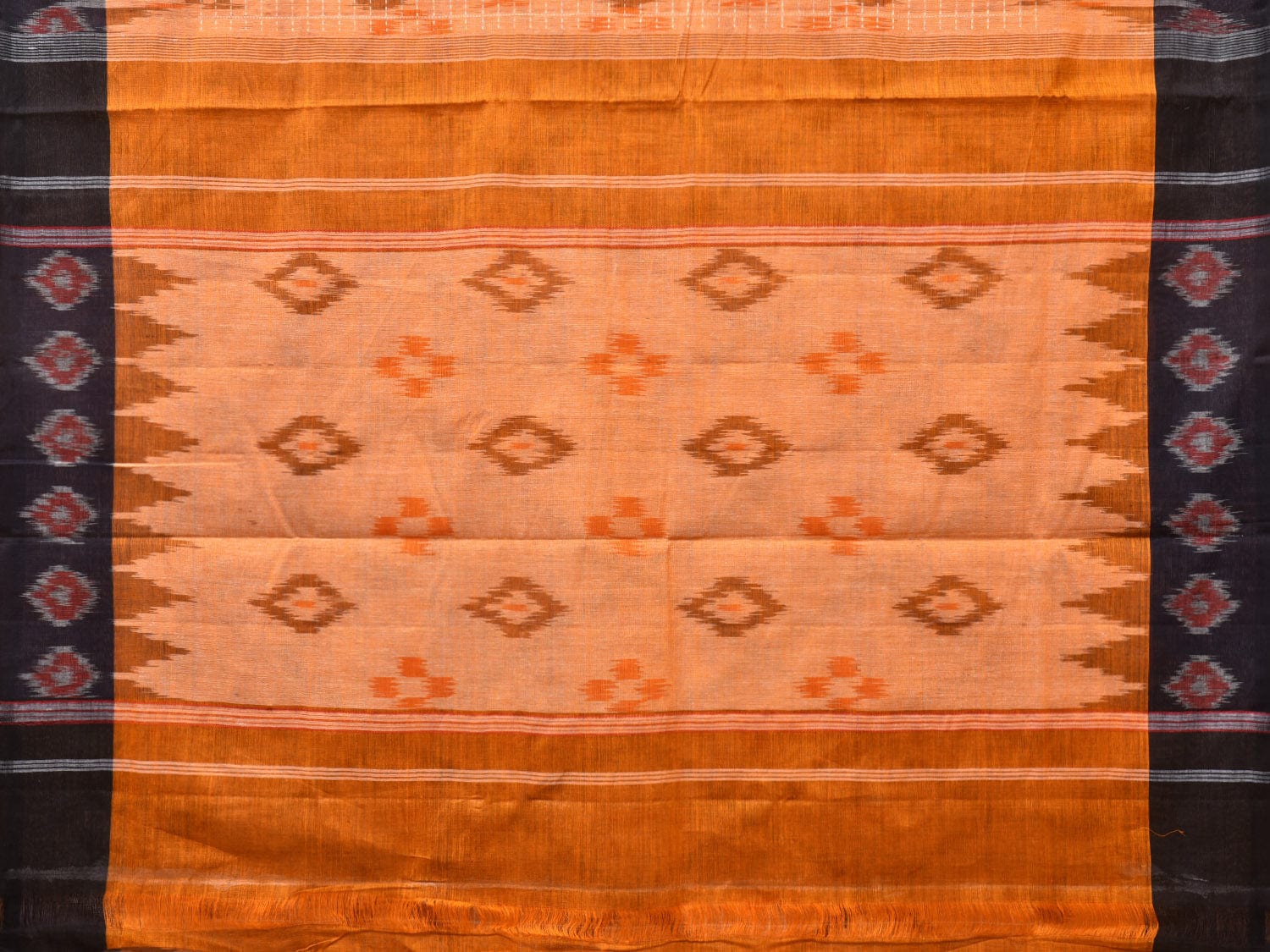 Orange Pochampally Ikat Cotton Handloom Saree with Grill and Big Temple Border Design No Blouse - Global Threads