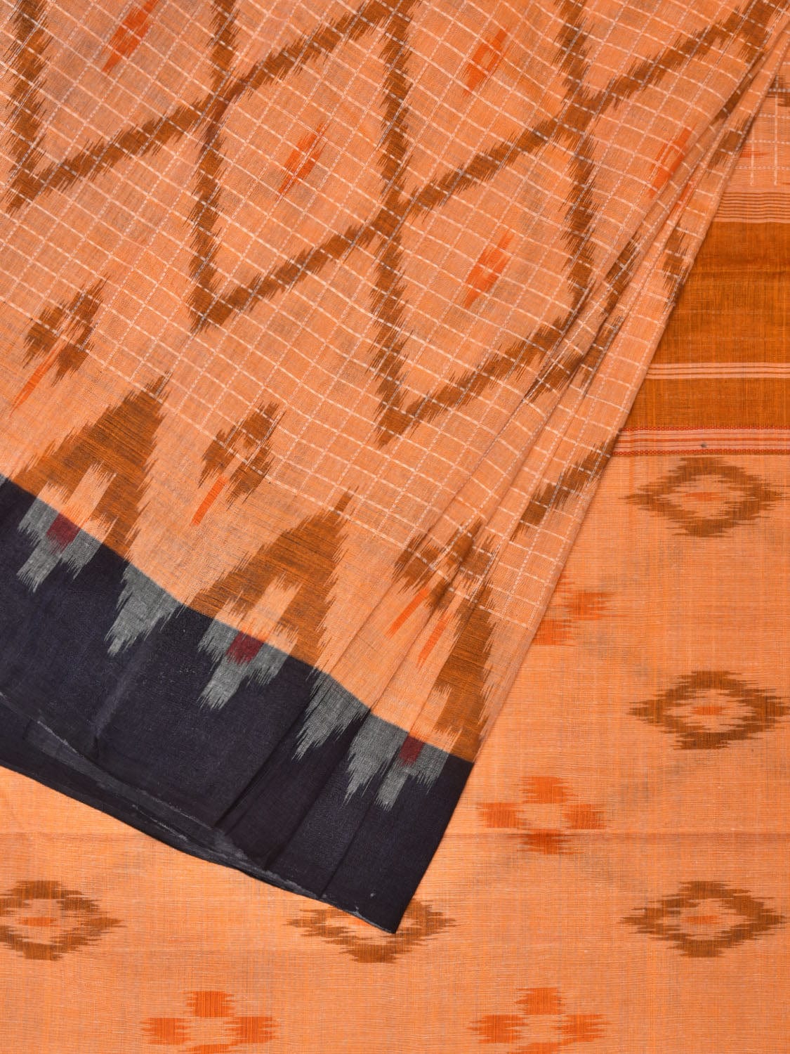 Orange Pochampally Ikat Cotton Handloom Saree with Grill and Big Temple Border Design No Blouse - Global Threads