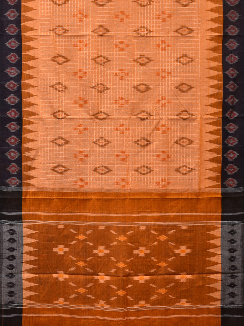 Orange Pochampally Ikat Handloom Saree with Checks and Border Design No Blouse - Global Threads