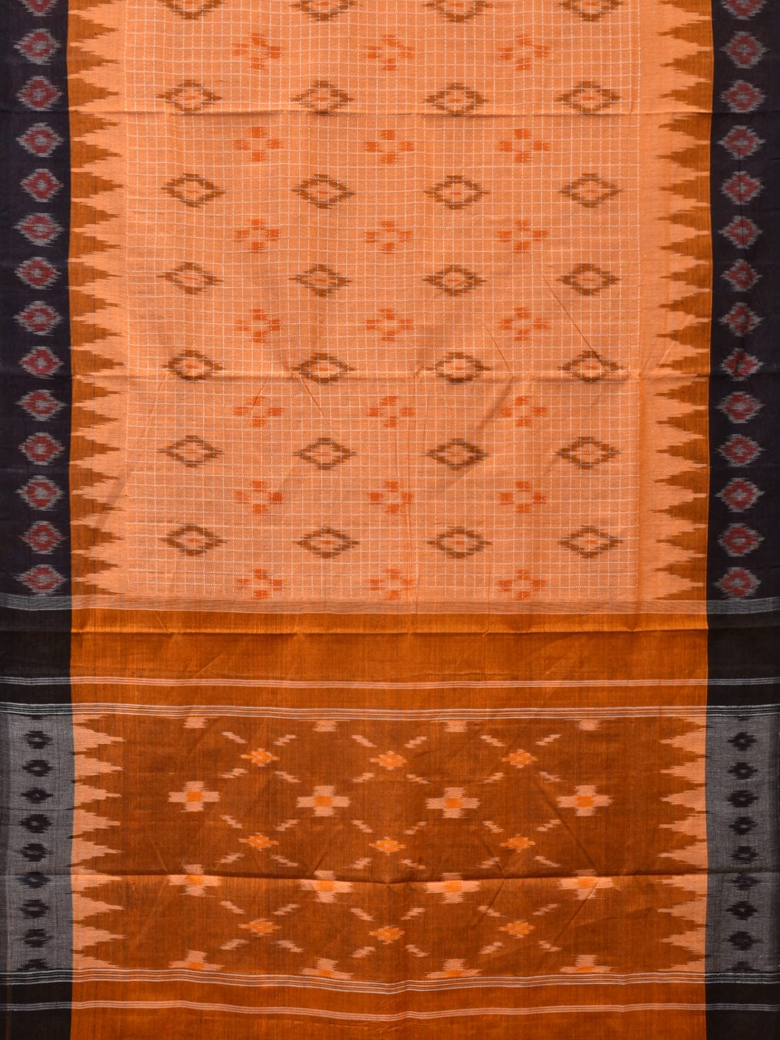 Orange Pochampally Ikat Handloom Saree with Checks and Border Design No Blouse - Global Threads