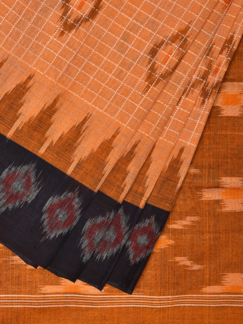 Orange Pochampally Ikat Handloom Saree with Checks and Border Design No Blouse - Global Threads