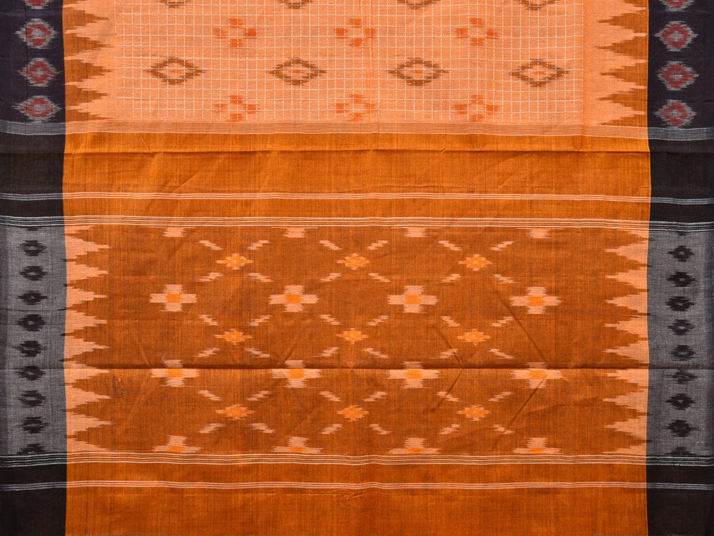 Orange Pochampally Ikat Handloom Saree with Checks and Border Design No Blouse - Global Threads