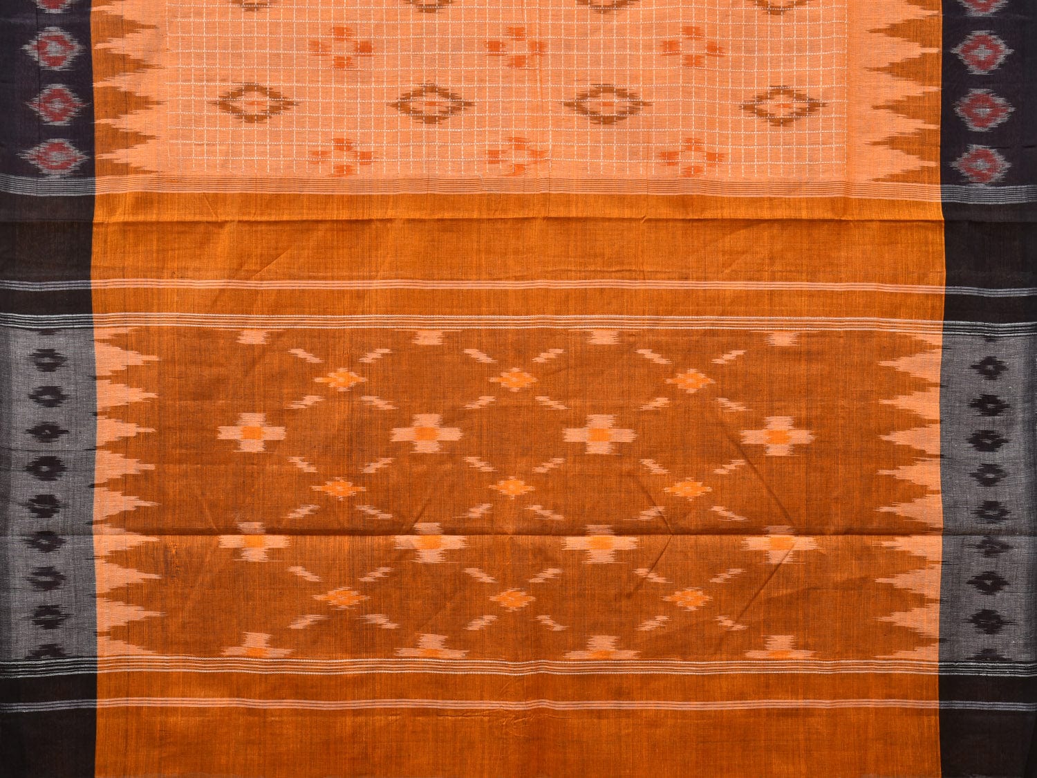 Orange Pochampally Ikat Handloom Saree with Checks and Border Design No Blouse - Global Threads
