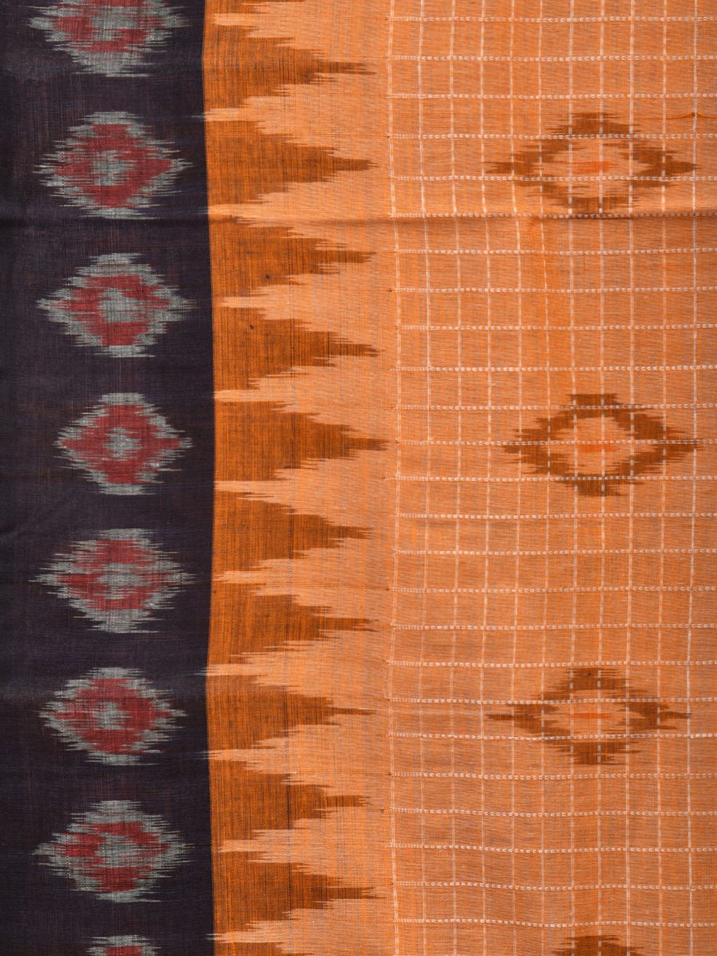 Orange Pochampally Ikat Handloom Saree with Checks and Border Design No Blouse - Global Threads