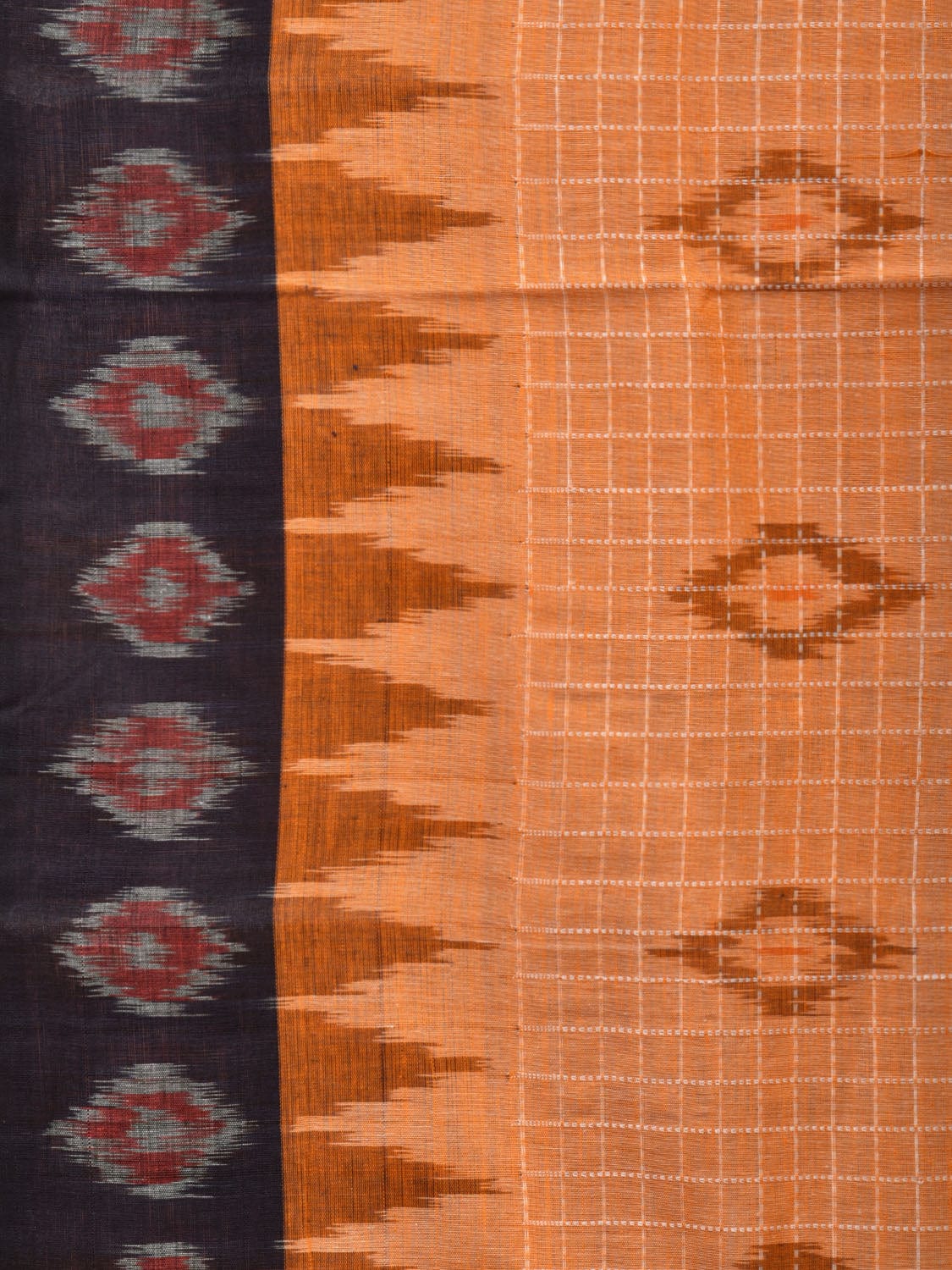 Orange Pochampally Ikat Handloom Saree with Checks and Border Design No Blouse - Global Threads
