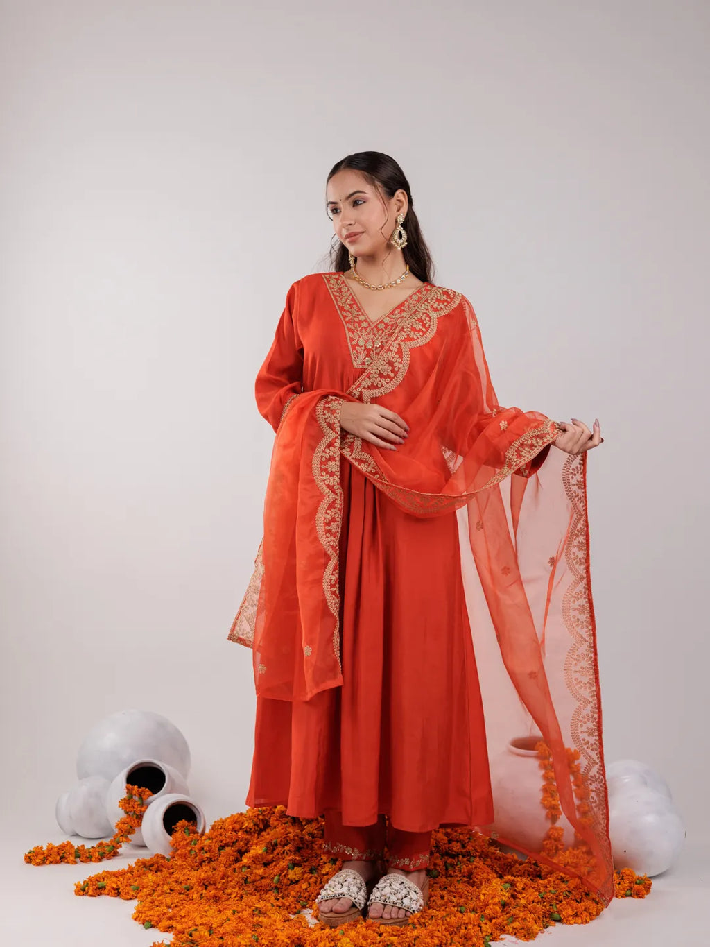 Yufta Orange Silk Embroidered Kurta Dupatta Set