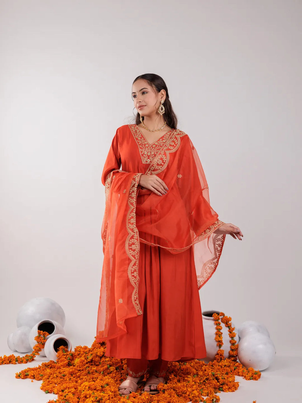 Yufta Orange Silk Embroidered Kurta Dupatta Set