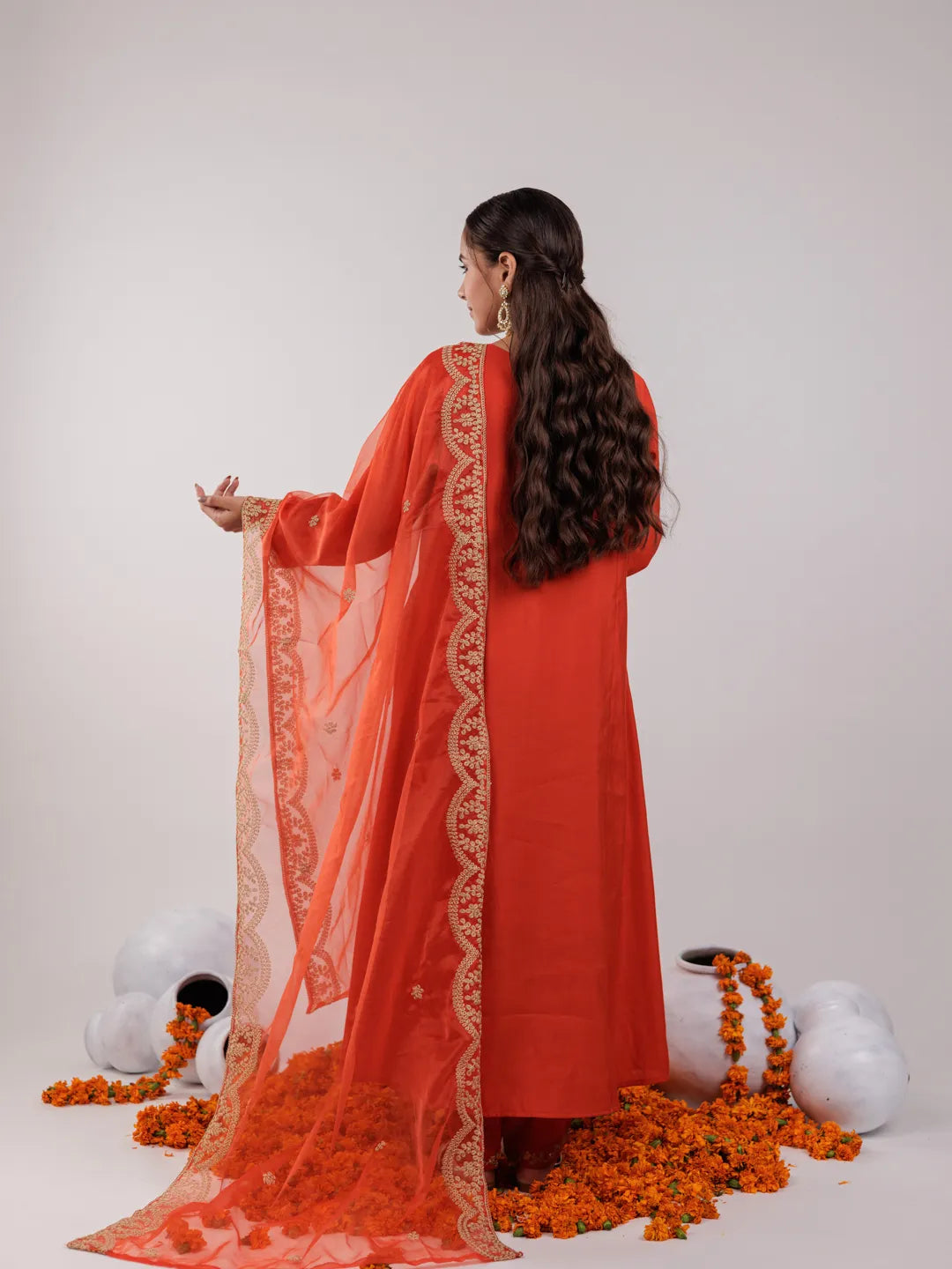 Yufta Orange Silk Embroidered Kurta Dupatta Set