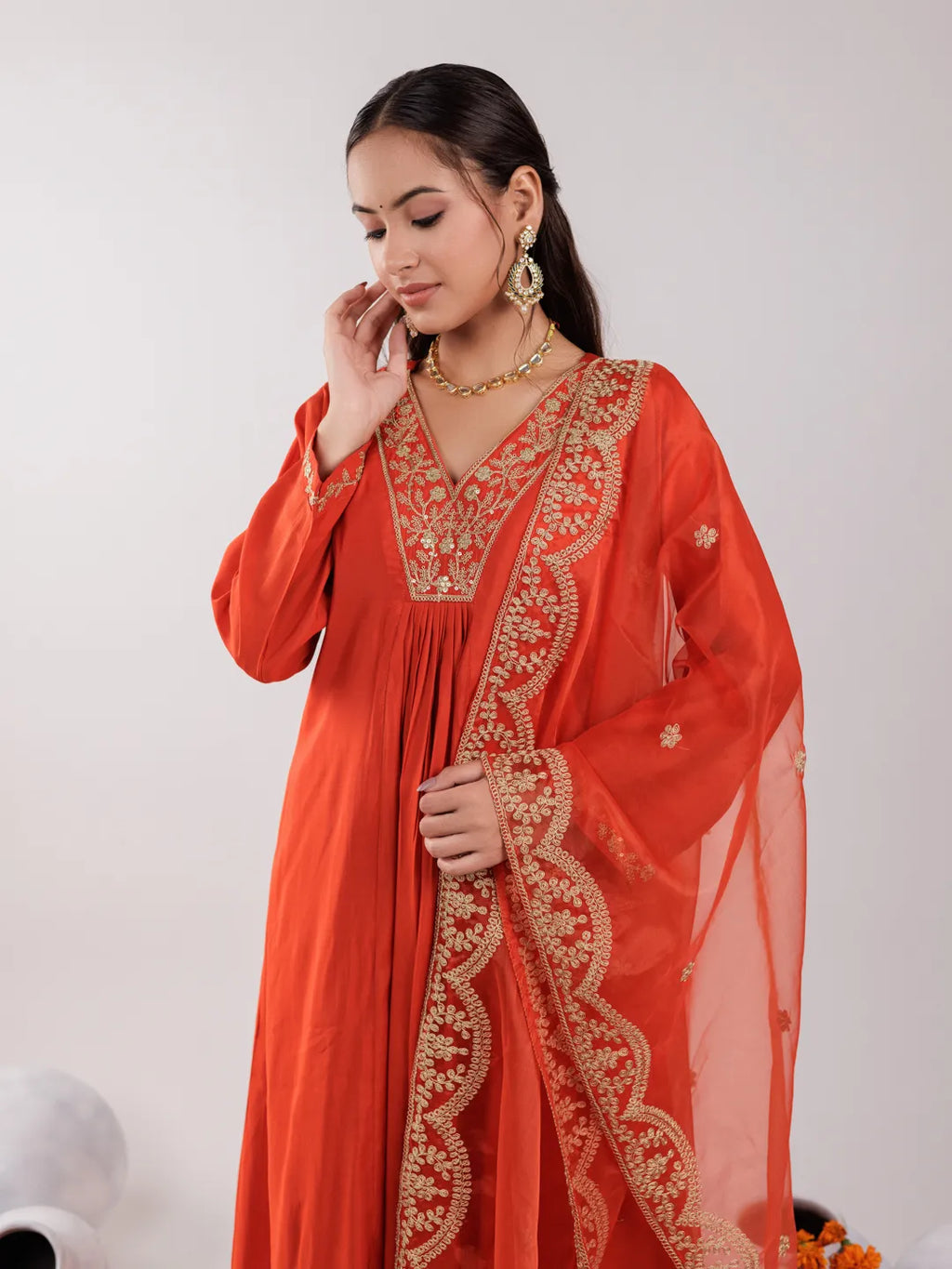 Yufta Orange Silk Embroidered Kurta Dupatta Set