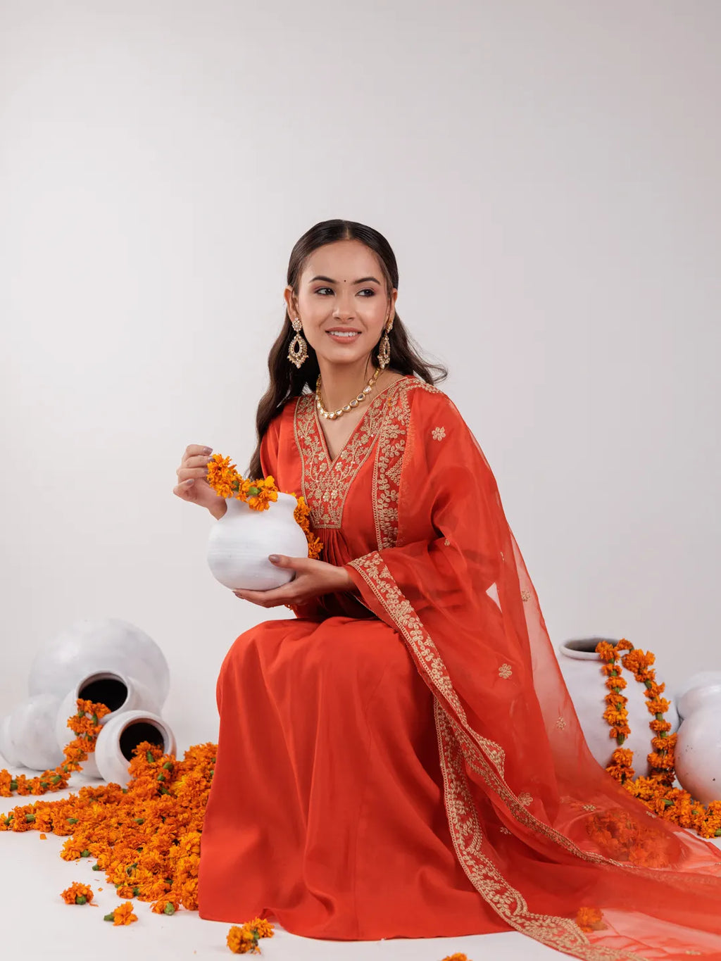Yufta Orange Silk Embroidered Kurta Dupatta Set