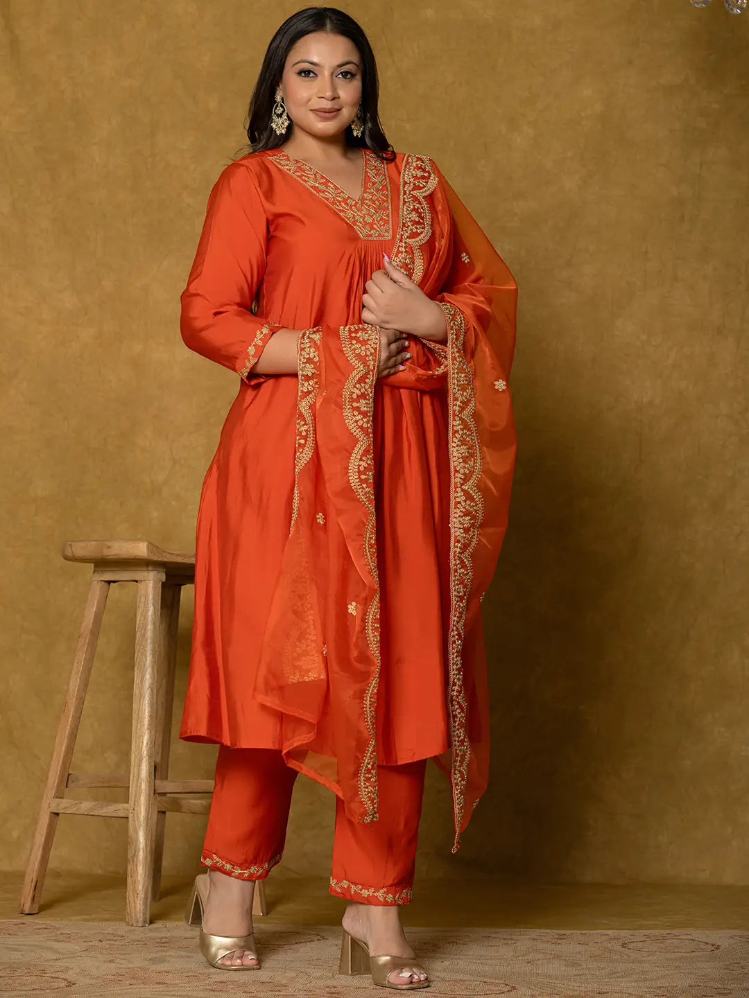 Yufta Orange Silk Embroidered Plus Size Kurta Dupatta Set