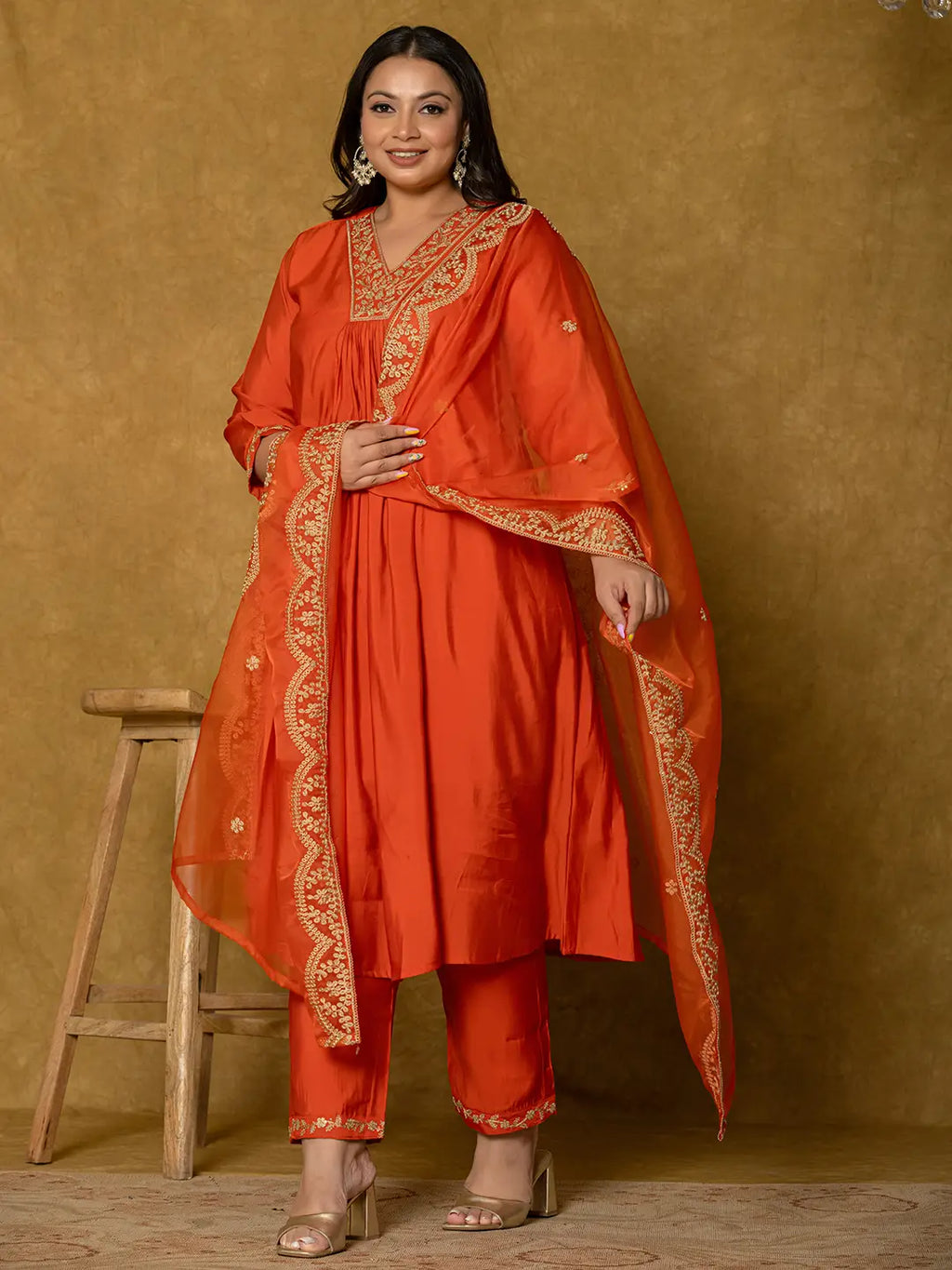 Yufta Orange Silk Embroidered Plus Size Kurta Dupatta Set