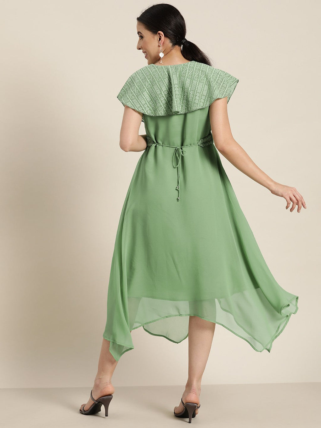 Juniper Women's Sagegreen Georgette Embroidered Asymmetric Dress