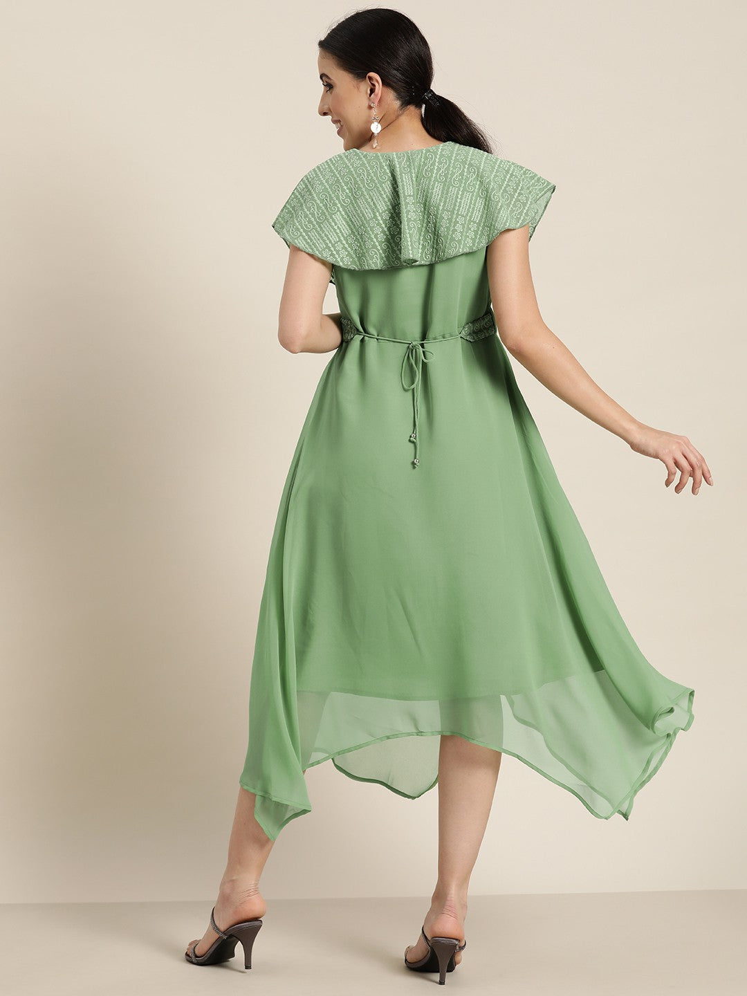 Juniper Women's Sagegreen Georgette Embroidered Asymmetric Dress