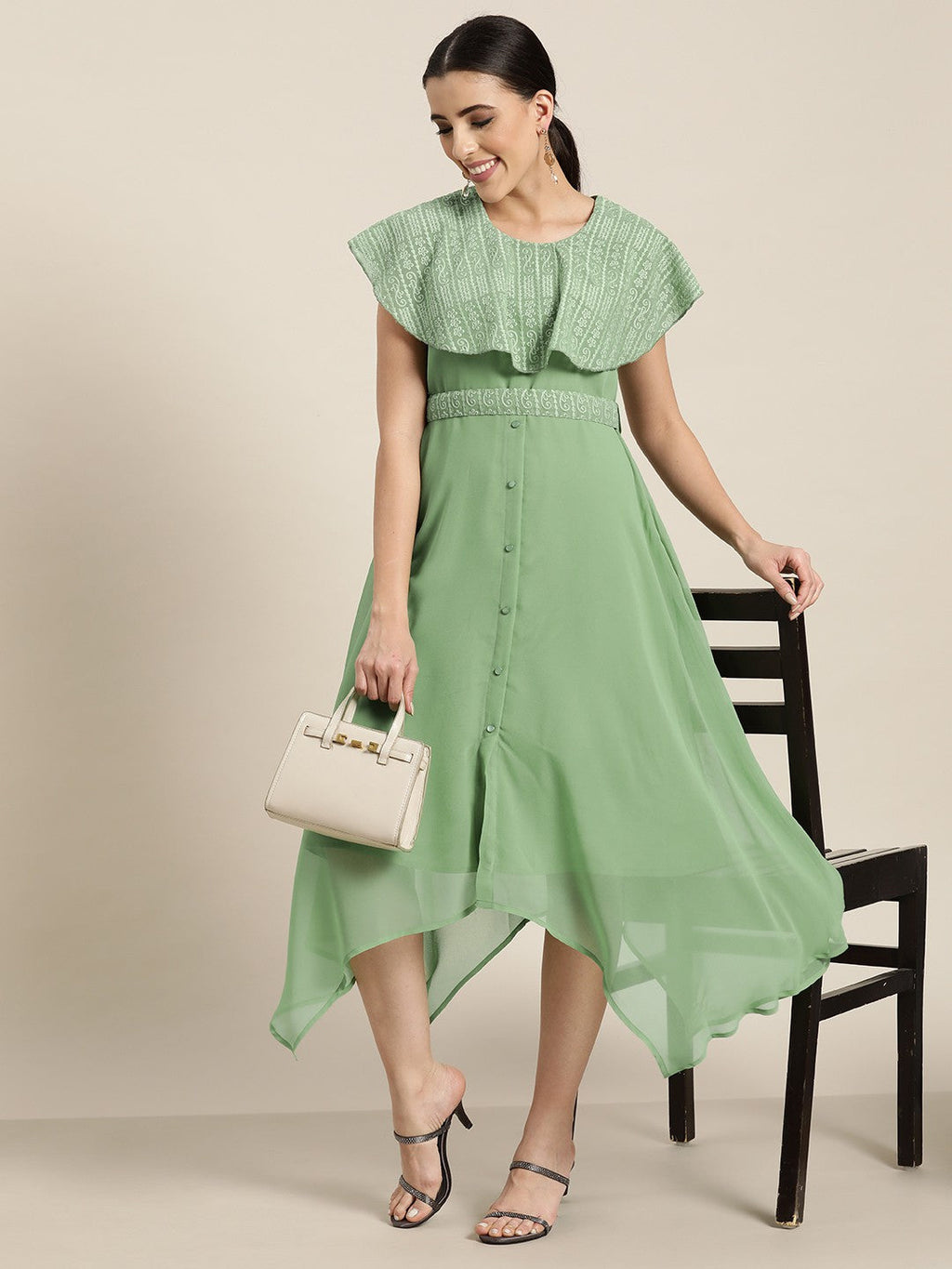 Juniper Women's Sagegreen Georgette Embroidered Asymmetric Dress