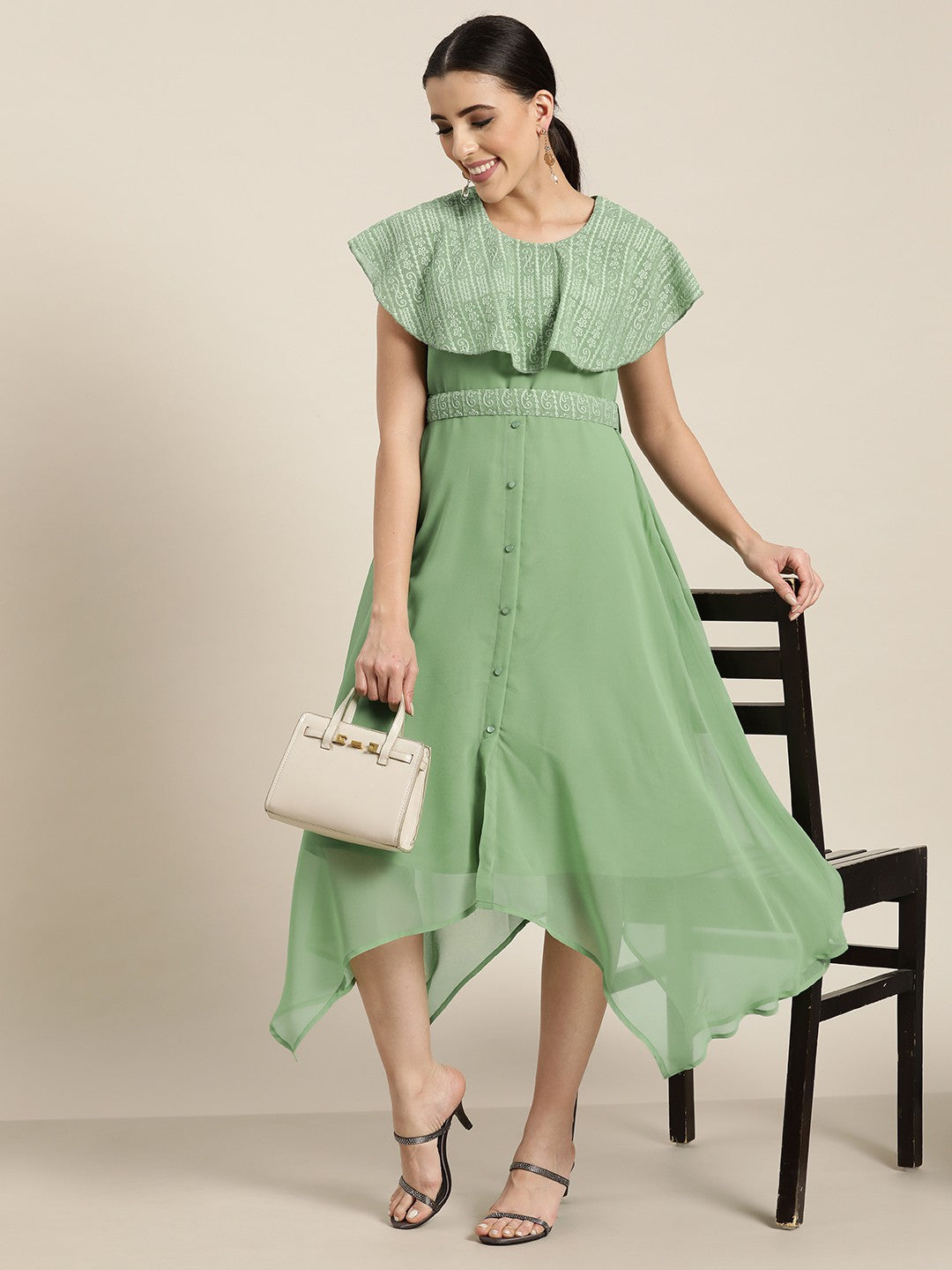 Juniper Women's Sagegreen Georgette Embroidered Asymmetric Dress