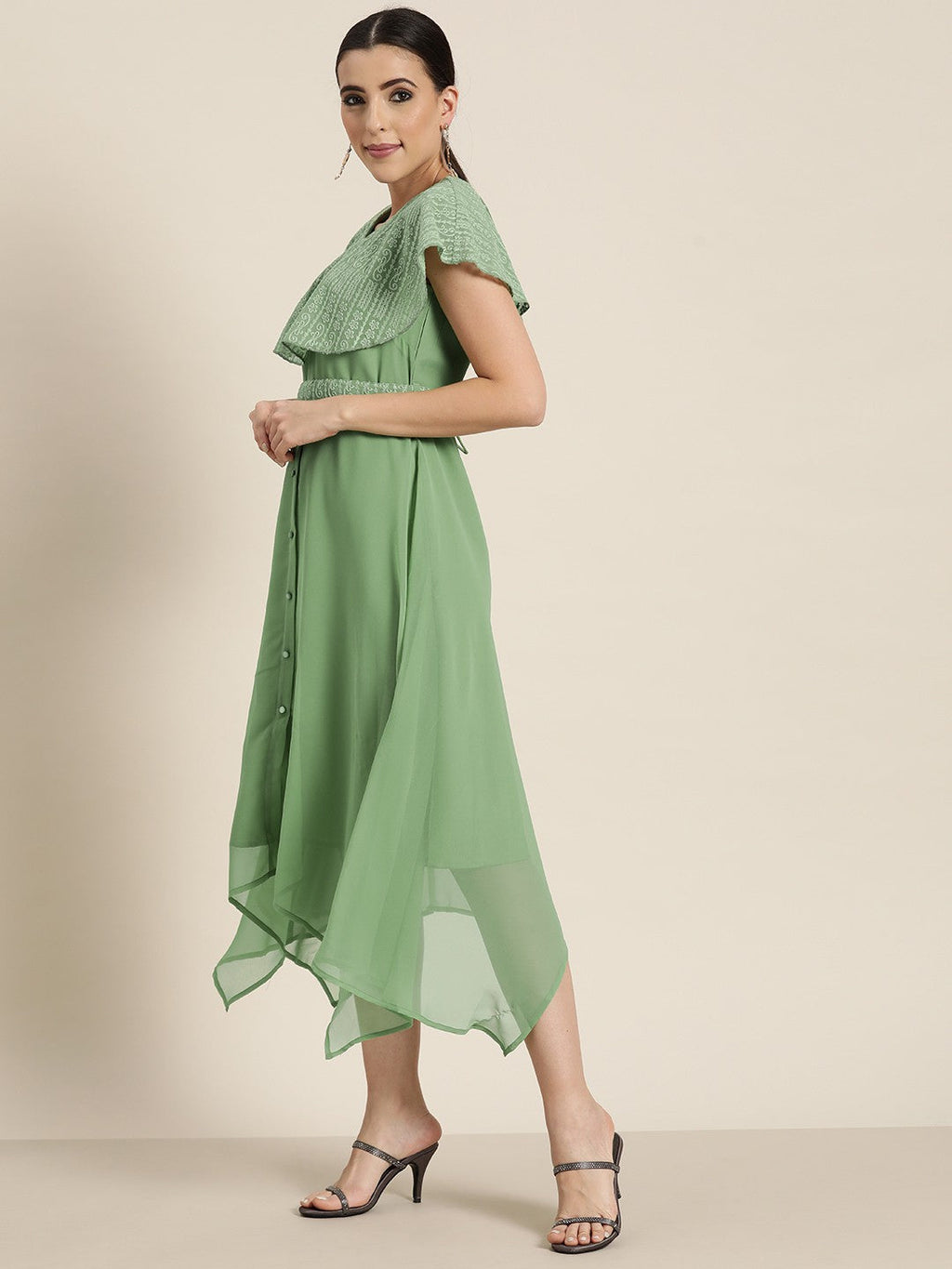 Juniper Women's Sagegreen Georgette Embroidered Asymmetric Dress