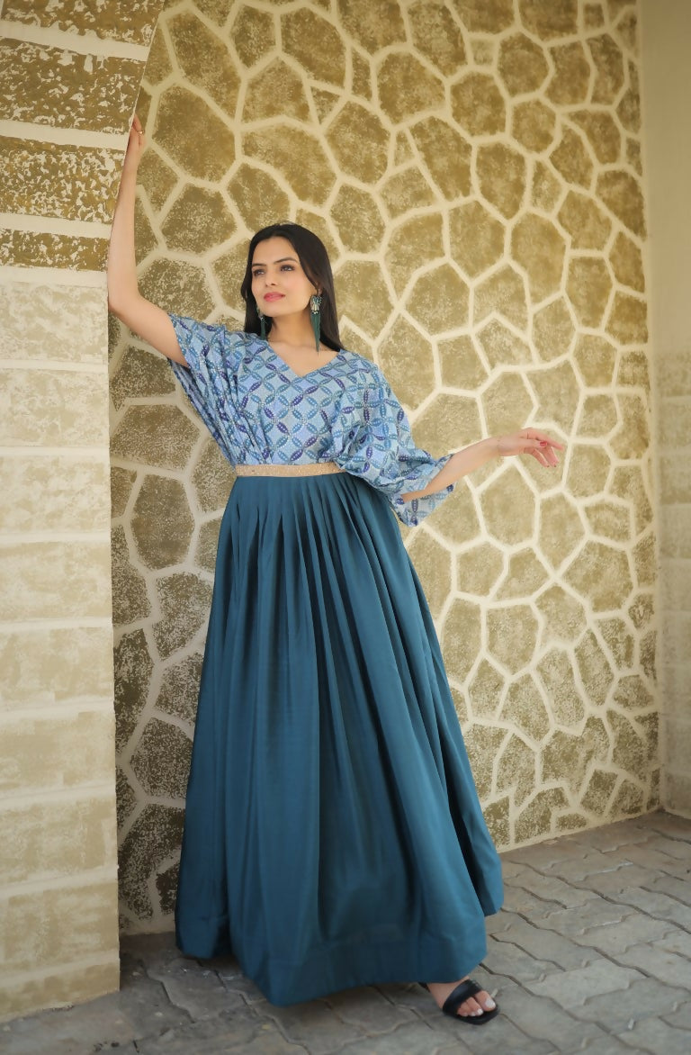 Jyoti Fashion Women's Teal Printed with Sequins Chinon Anarkali Dress