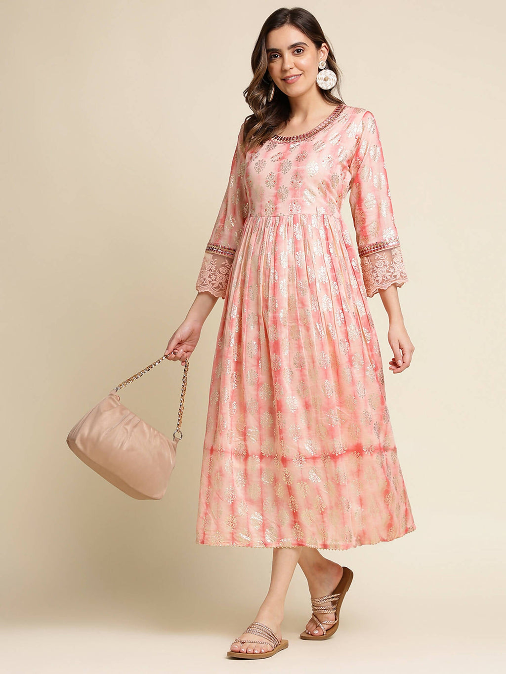 Peach Cotton Paisley Printed Fit & Flare Dress - Yukti