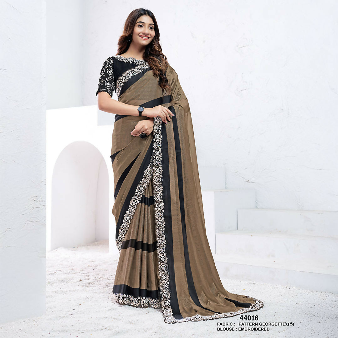 Dark Brown Pattern Georgette Moti With Real Mirror Work Saree With Unstitched Blouse - Norita Swaraa