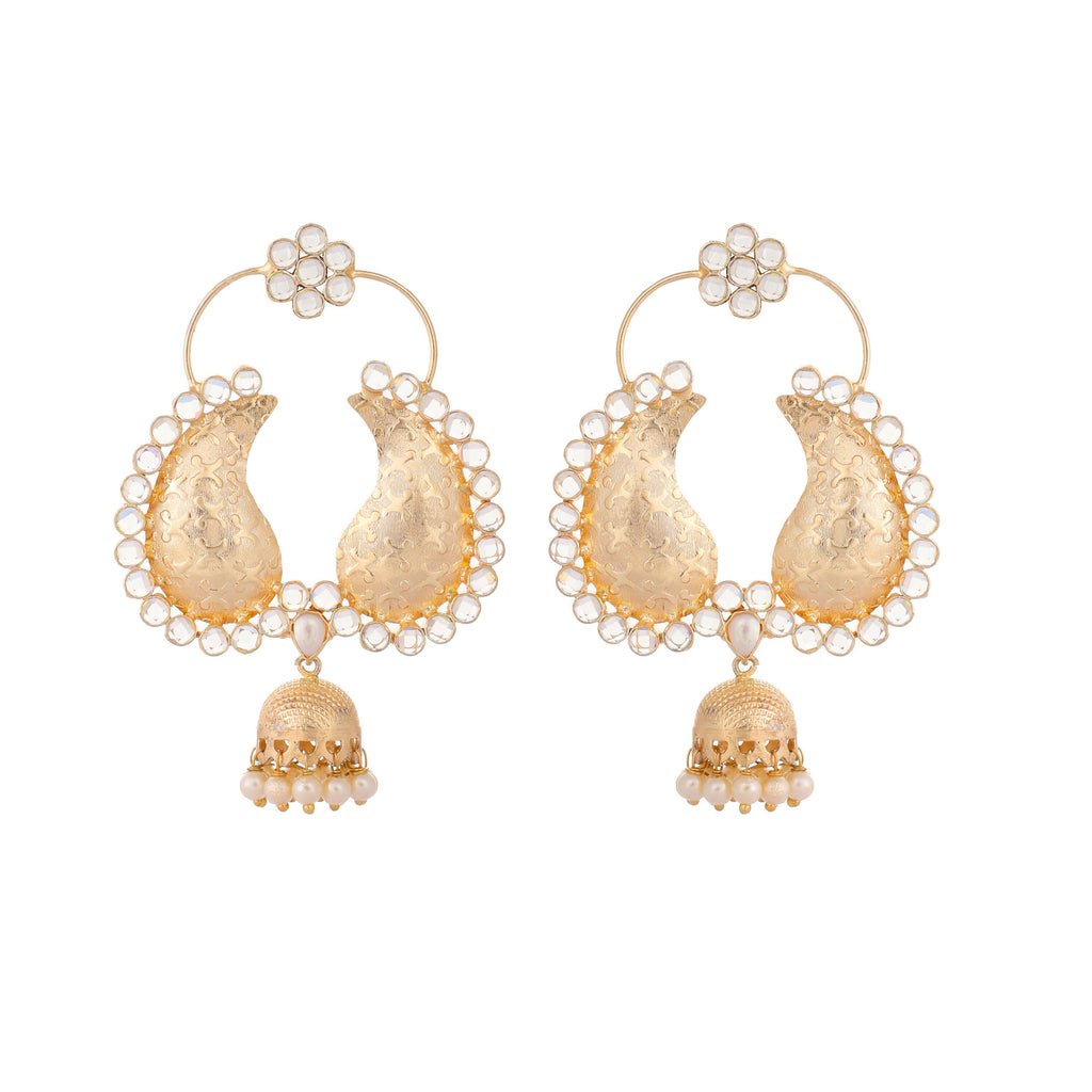 Nuyug 22K Gold Plated White Stone Studded Contemporary Mini Jhumki Dangler Earrings