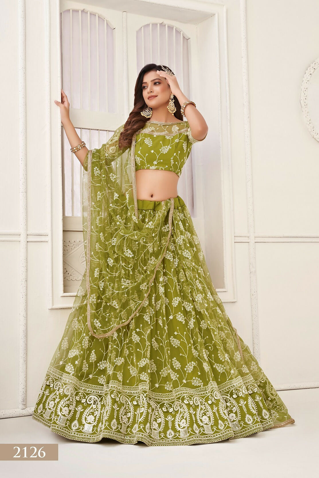Eilara Women'S Olive Green Butterfly Net Embroidered Thread Work Party Wear Lehenga Choli