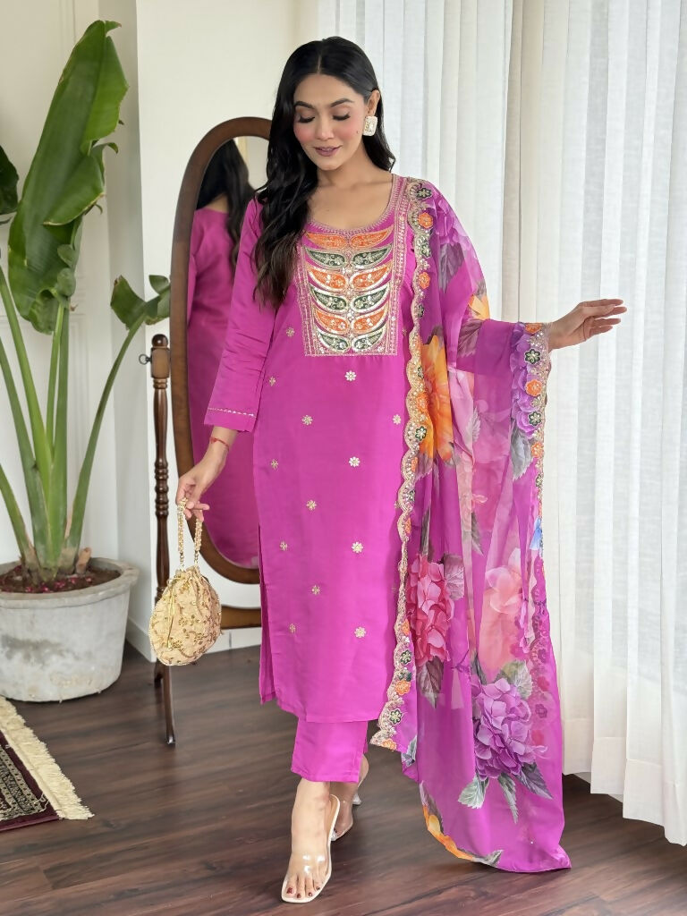 Light purple Viscose Chanderi Stitched Suit With Dupatta - Tanisha