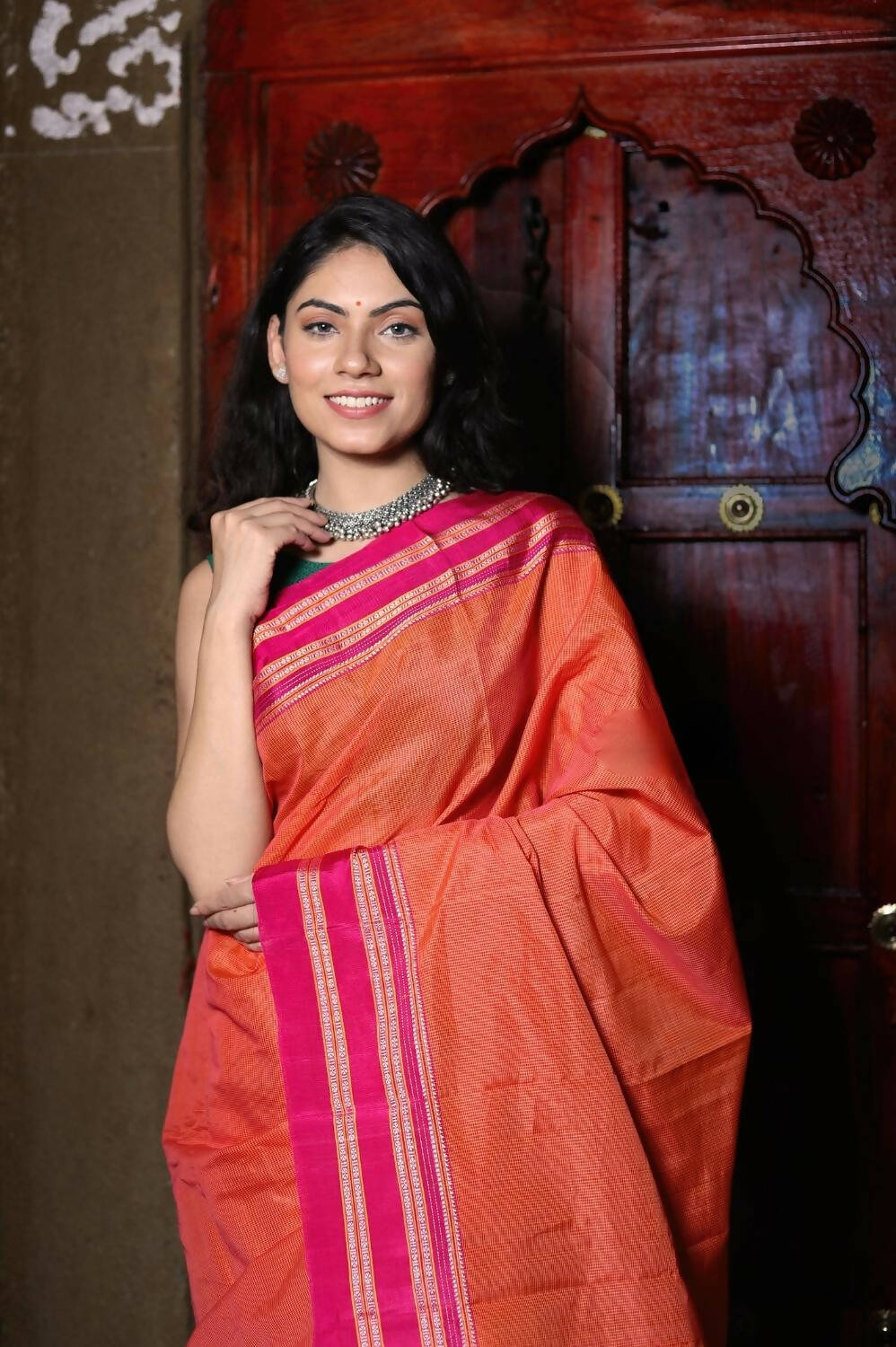 Very Much Indian Handloom Cotton Viscose Ilkal Saree With Pure Resham Pallu - Orange