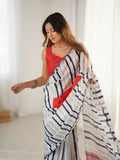 White Chinon Designer Digital Printed,Mirror Cut Work Saree - Sohni