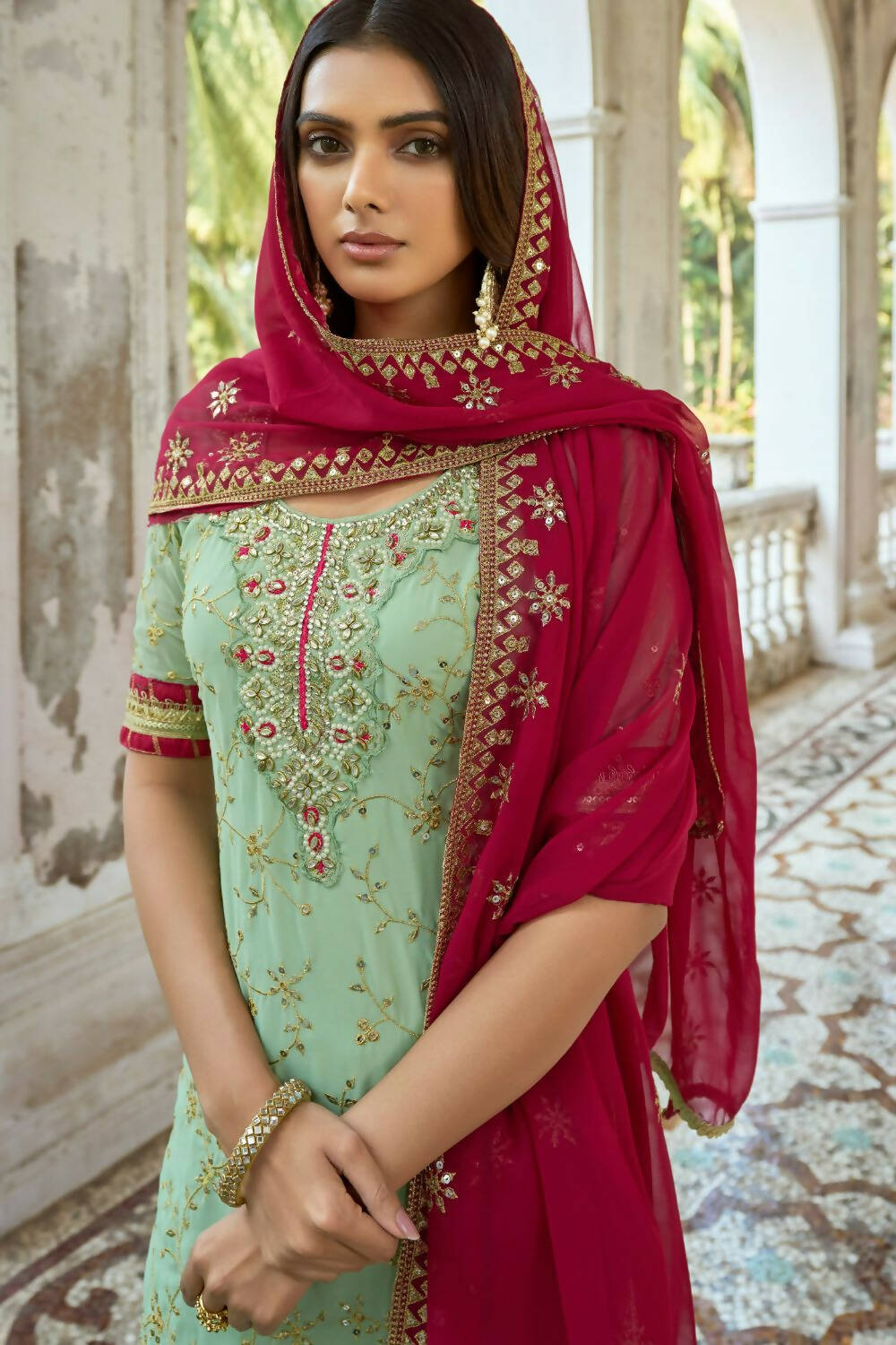 Sea Green Heavy Fox Georgette Embroidered Semi Stitched Suit - Dhvani