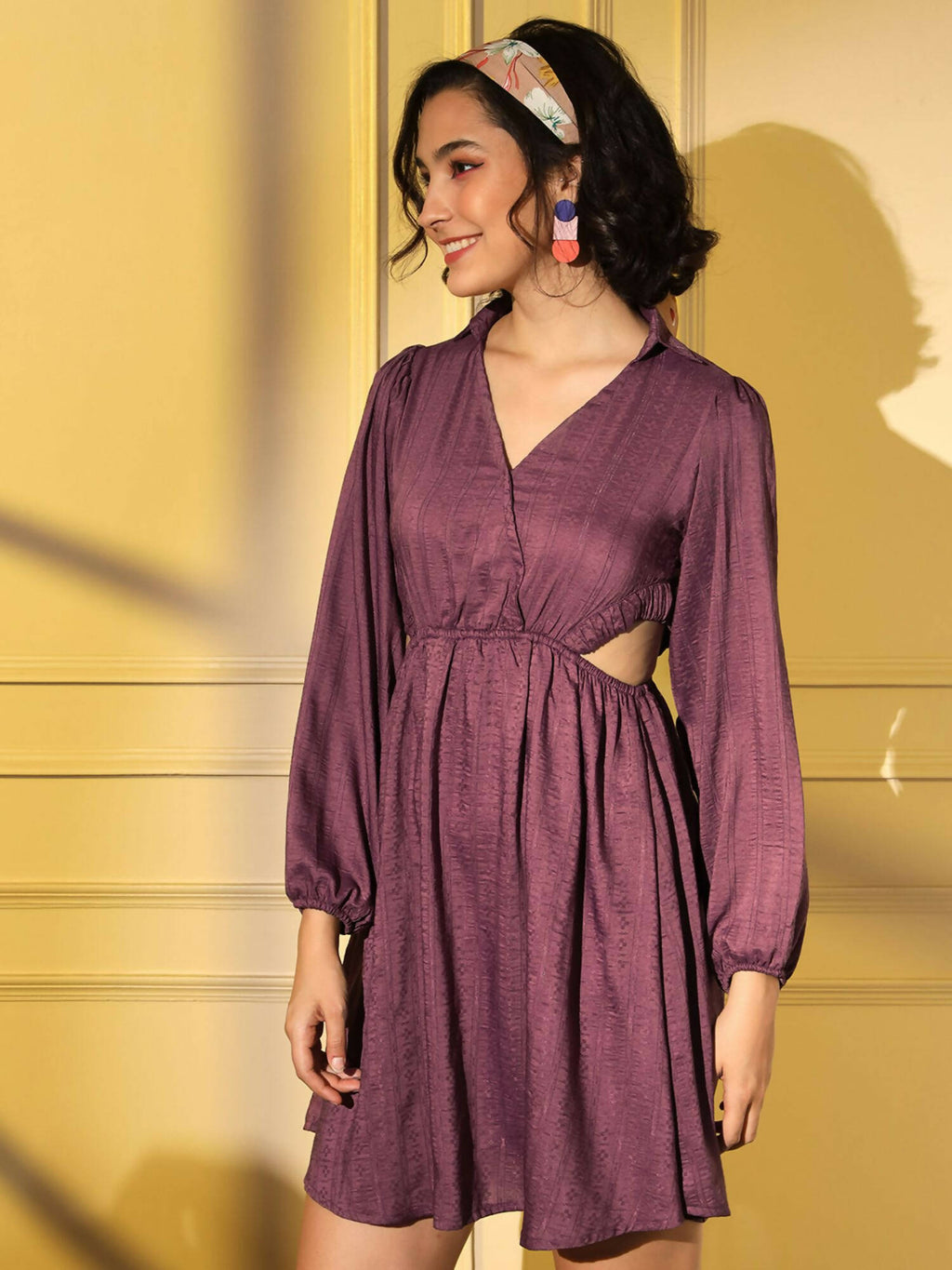 Wine Viscose Solid Flared Dress - Shivani