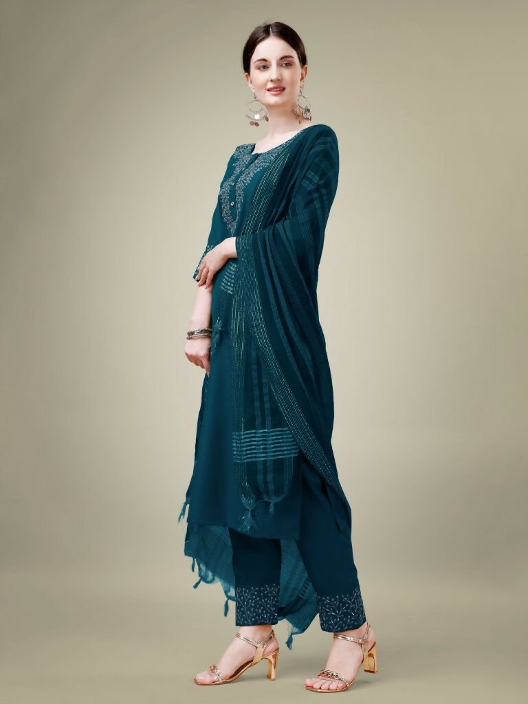 Jyoti Fashion Women's Morpich Cotton Blend Embroidery & Sequence work Kurta with Trouser & Dupatta