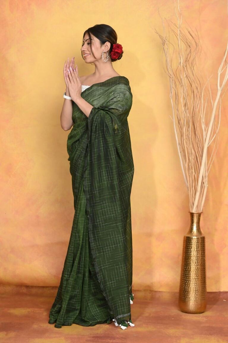 Very Much Indian Mul Cotton Khadi Design Handloom Woven Saree - Green