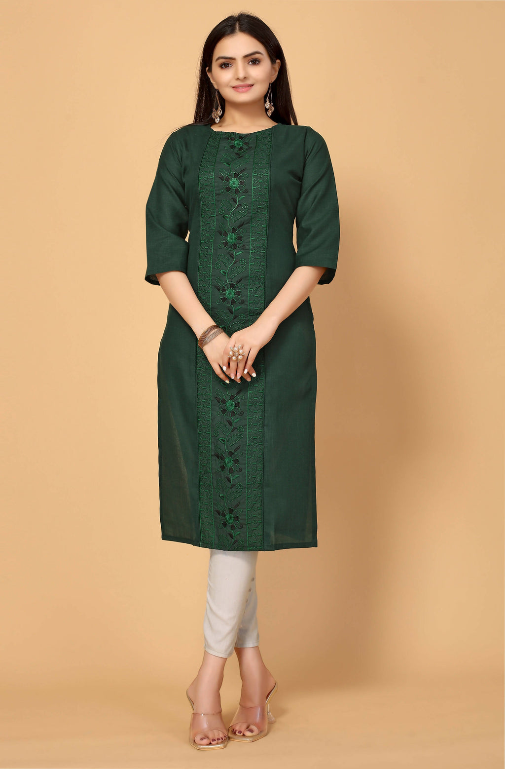 Dark Green Cottan Slub Embroidery Kurti - Umi