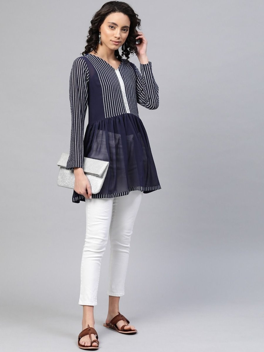 Ahalyaa Women Navy Blue Georgette Khari Print Tunic