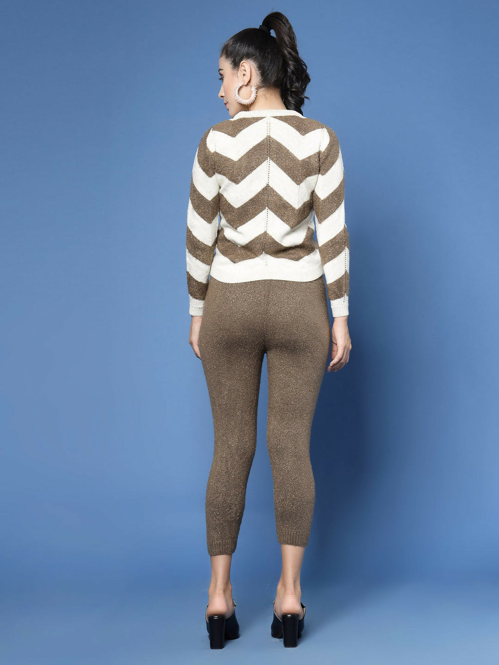 Women Cream Acrylic Stripe & Solid Winter Co-Ord Set - Wool Trees