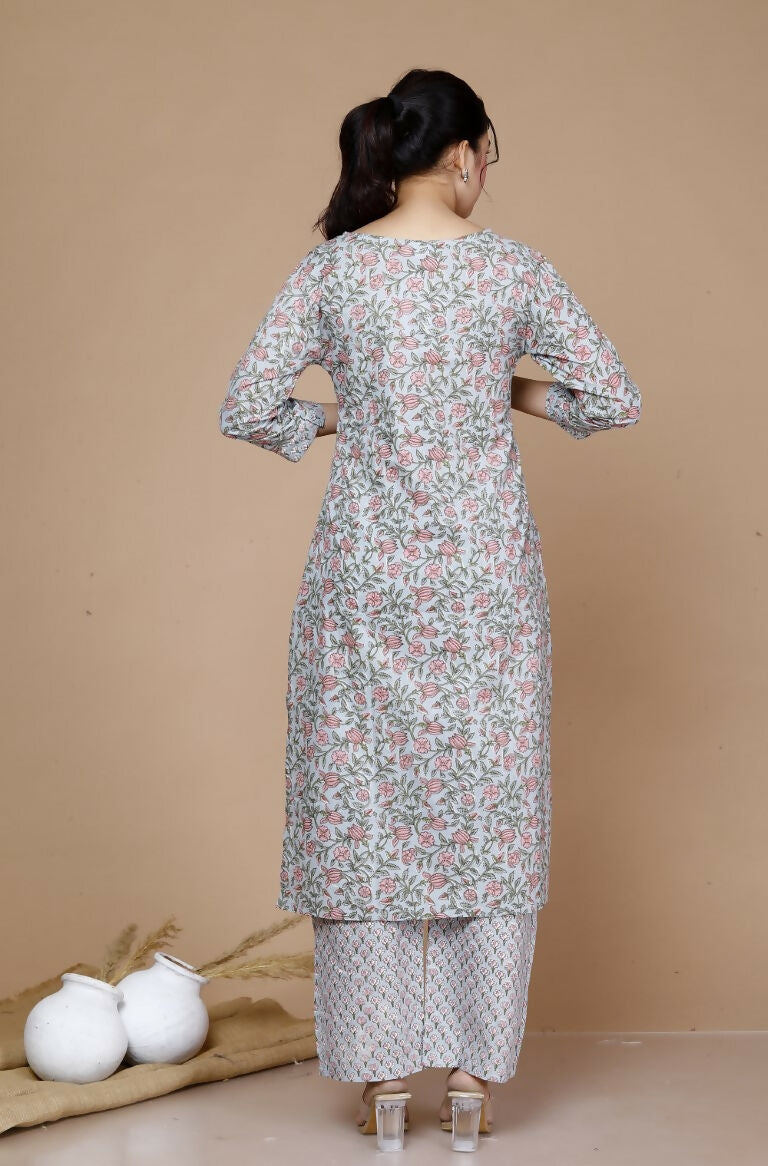 Miravan Women's Blue Gota Patti Cotton Kurta With Palazzo And Dupatta Set