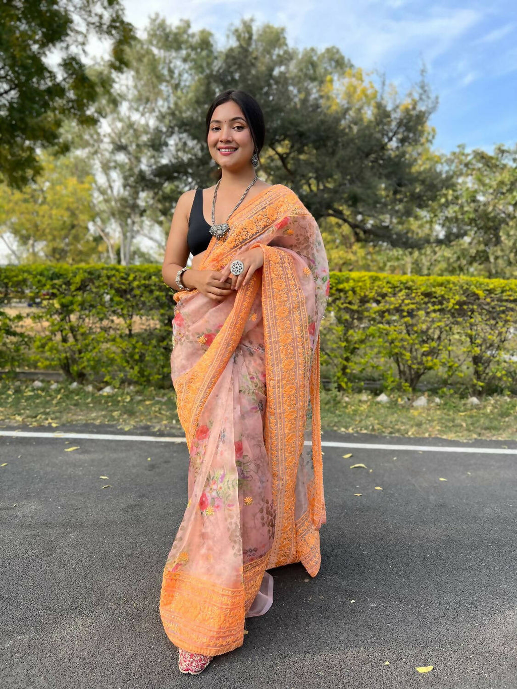 Vamsee Orange Organza Saree