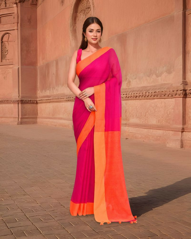 Joban Fashion Women Orange & Pink Trendy Cotton Saree