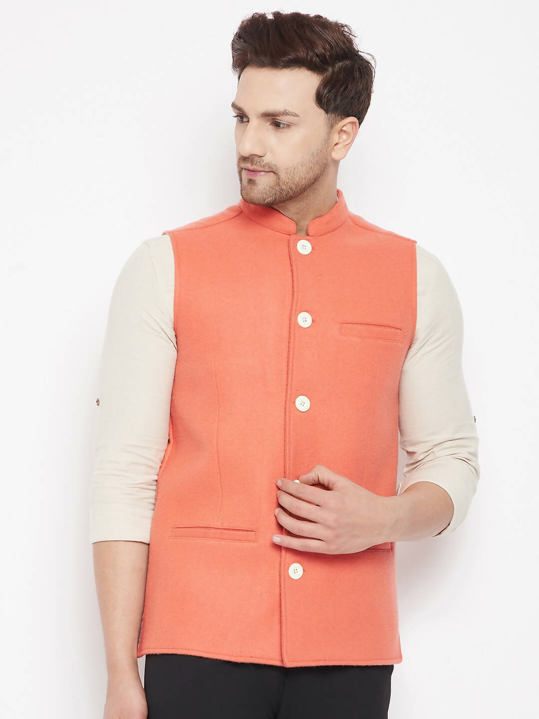 Even Apparels Orange Wool Men Woven Nehru Jacket