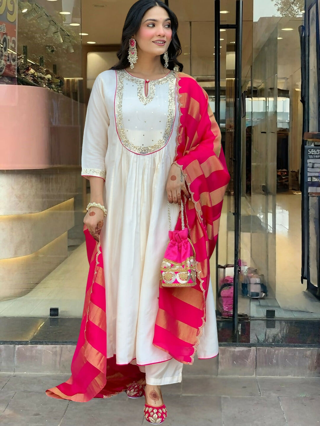 The52 White Women's Gorgeous Embroidered Work Chanderi Fabric Flared Kurta Pant and Dupatta Set